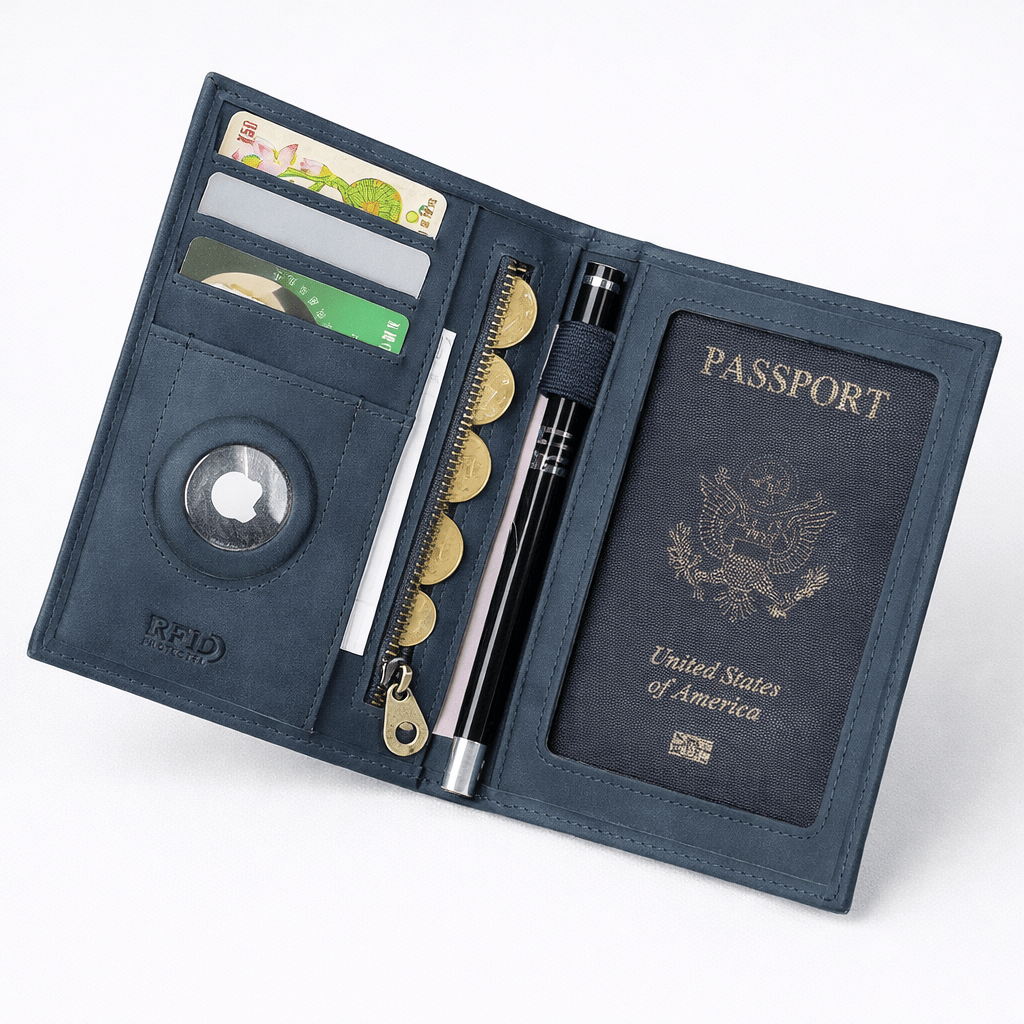 Porte passeport en cuir avec porte-cartes et emplacement AirTag