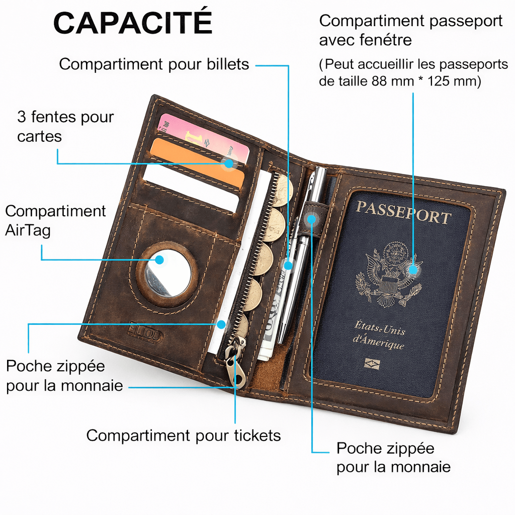 Porte passeport en cuir avec porte-cartes et emplacement AirTag