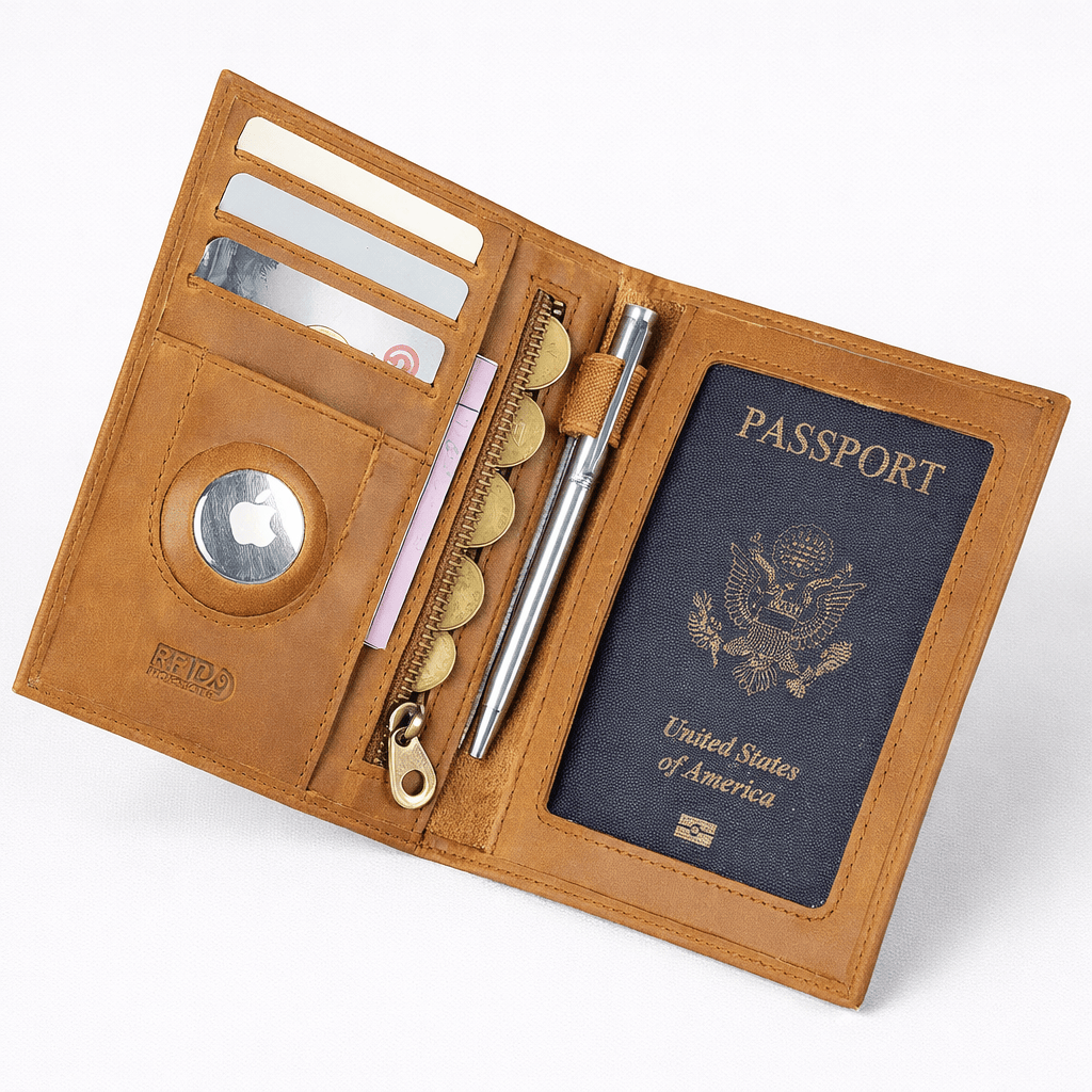 Porte passeport en cuir avec porte-cartes et emplacement AirTag