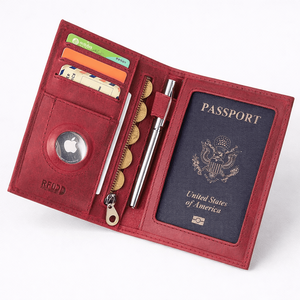 Porte passeport en cuir avec porte-cartes et emplacement AirTag