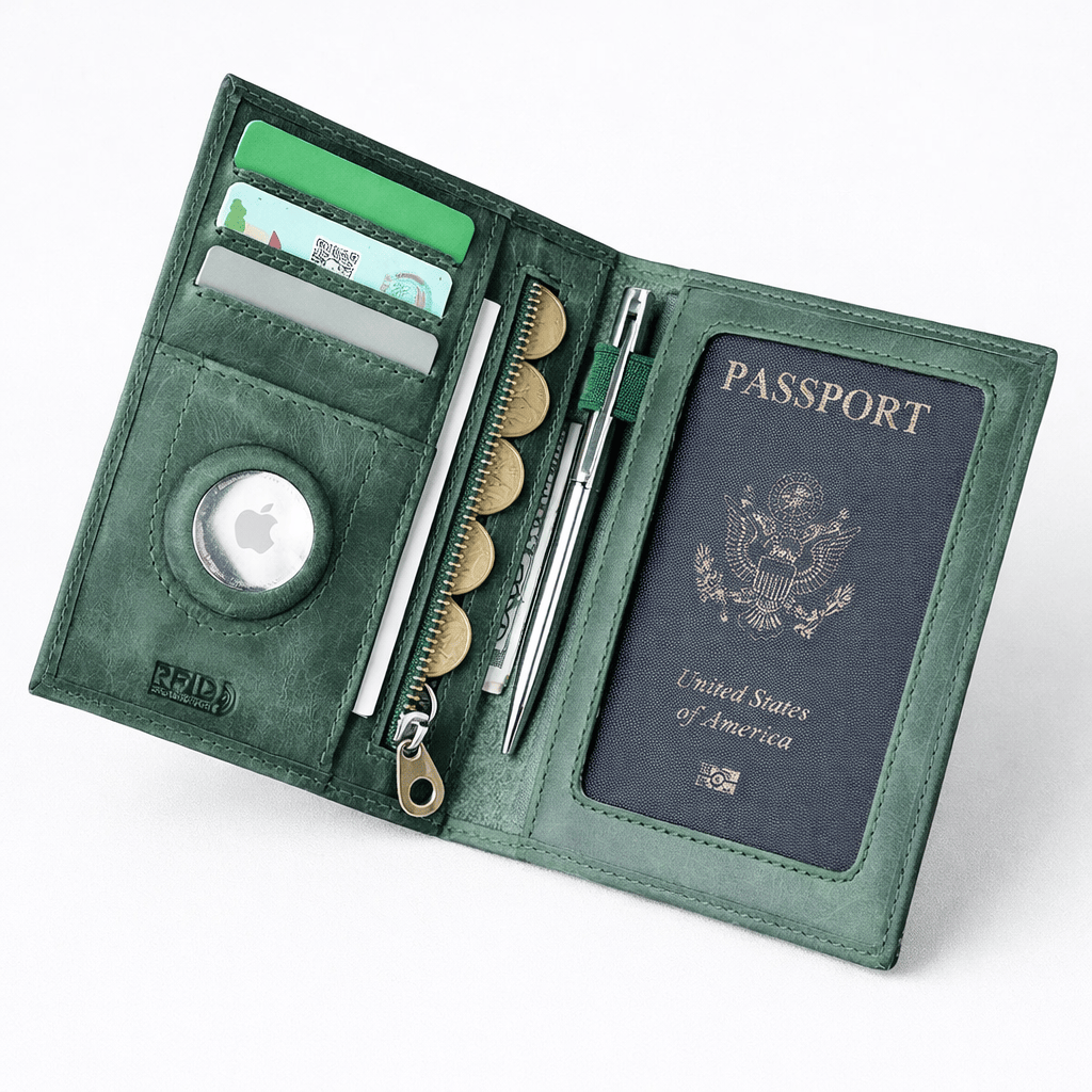 Porte passeport en cuir avec porte-cartes et emplacement AirTag