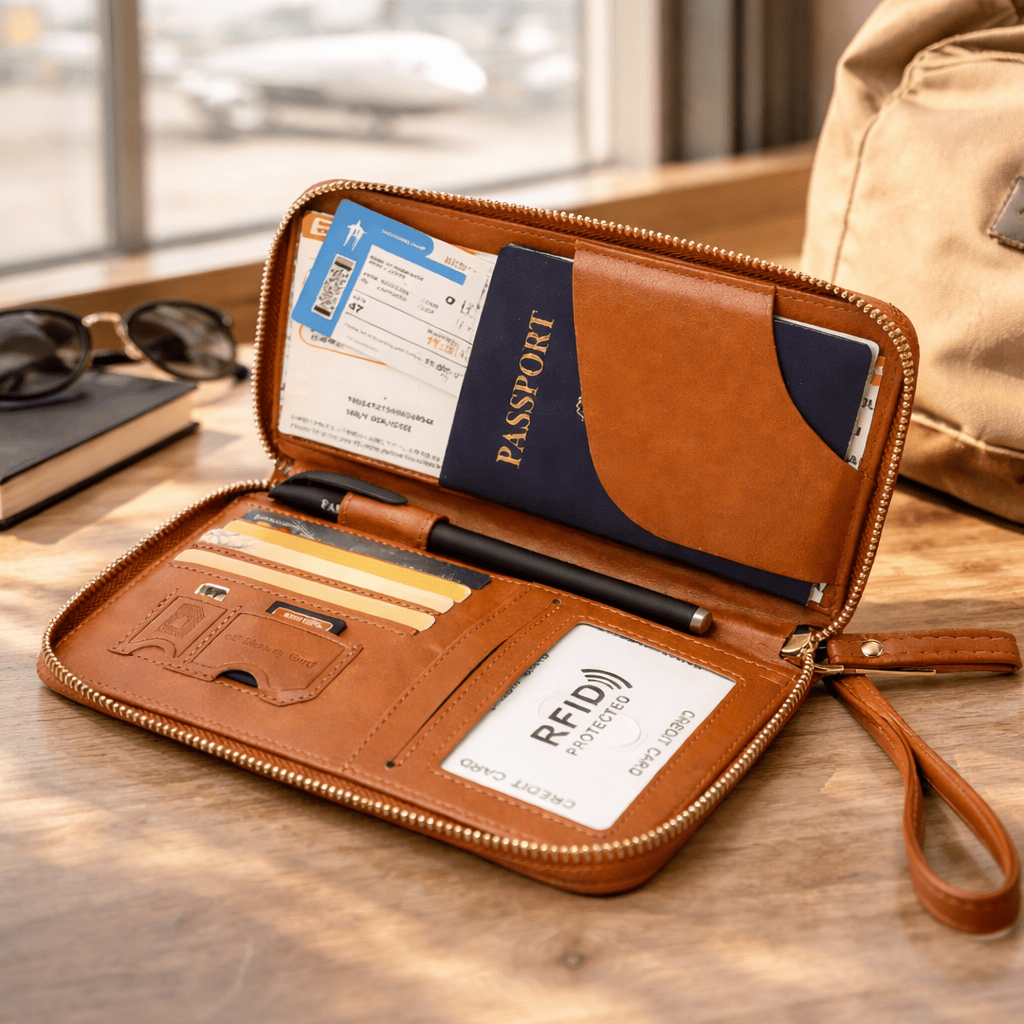 Porte passeport RFID avec fermeture éclair et bracelet