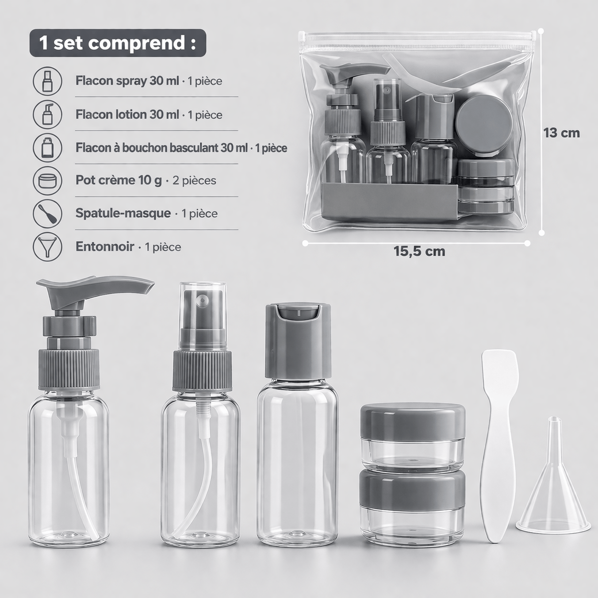 Set de 7 flacons de voyage avec pochette